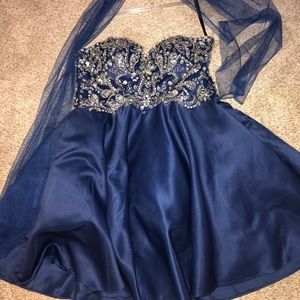 Navy Blue Sequined Strapless Homecoming Dress